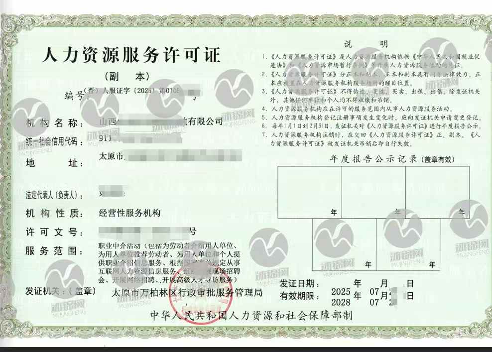 人力资源服务许可证证书样张展示